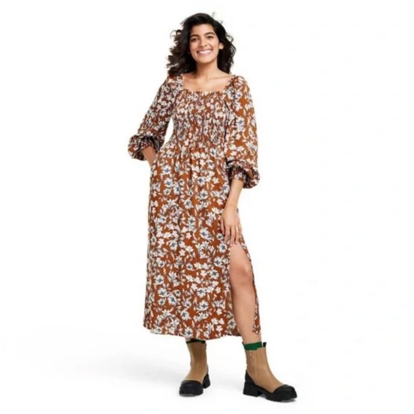 Women's La Ligne x Target Brown/White Floral Smocked Bodice Midi Dress - - Picture 2 of 4